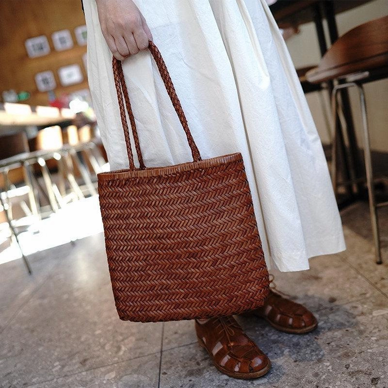 Street Style Italy Leather Woven Hobo Rectangle Tote Bag, Summer Beach Bag, Full Grain Leather Triple Jump Bamboo HandBag, Handcrafted Basket Bag
