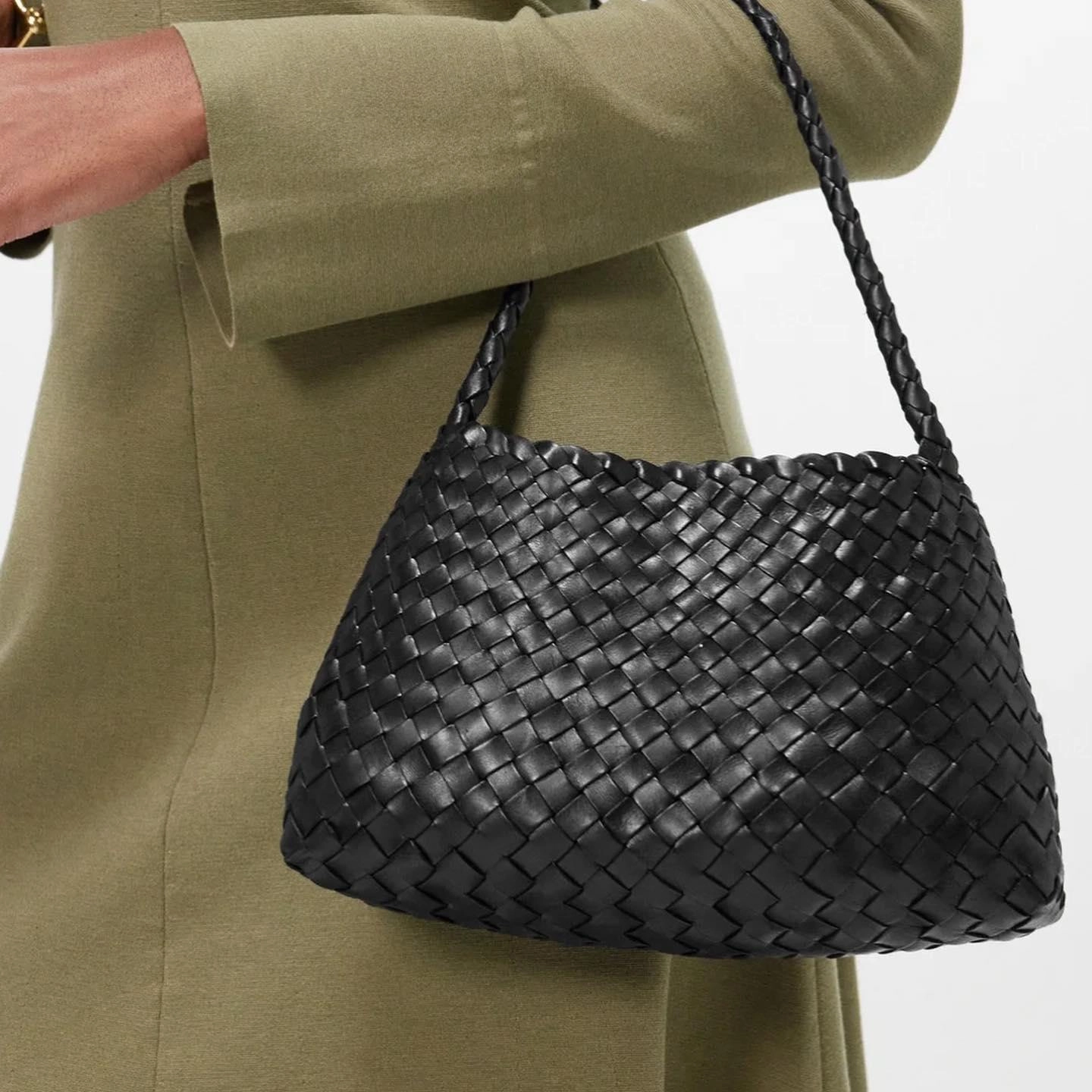 Functional Journey Italy Woven Leather Hobo Bag | Interwoven Summer Beach Bag, Full Grain Leather Triple Jump Bamboo HandBag, Black Leather Hobo Bag