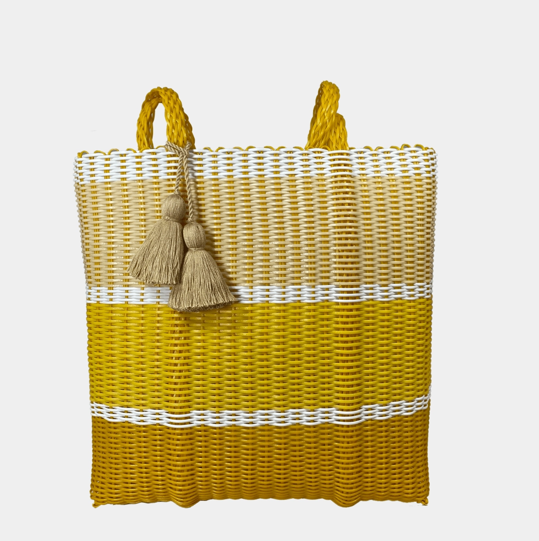 Refined Daily Office Everyday IXOQ Cesta Hand Woven Yellow & White Large Tote Bag