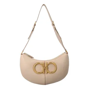 Ferragamo Gancio Beige Calfskin Daino Maxi Hobo Shoulder Bag Glossy Touch