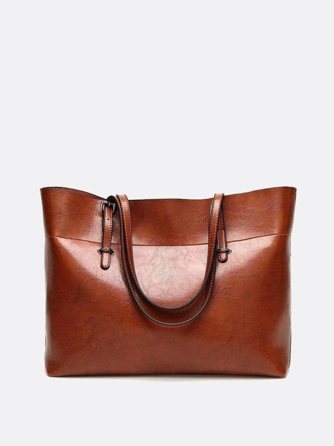 Simple Travel Everyday Performance Glossy Brown Faux Leather Tote Bag - Sleek & Spacious