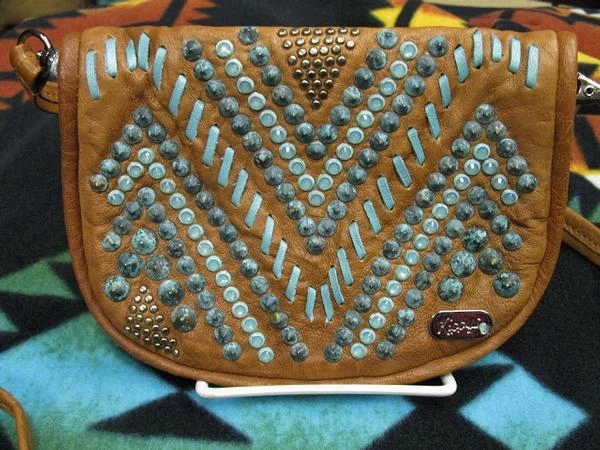 Work Essential Kippys Western Pouch Belt Crossbody Bag Raw Stitch Pattern Turquoise Crystals Medium