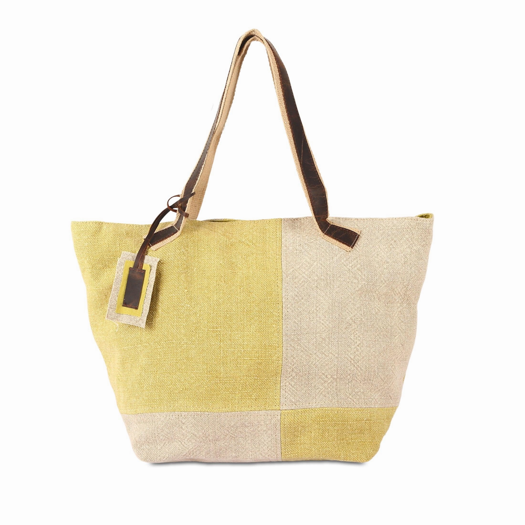 Everyday Utility Functional Comfortability KomalC Tote Bag for Women ?C Stylish Two-Tone Jute & Leather Bag, Eco-Friendly and Perfect for Daily Use (Sunflower)