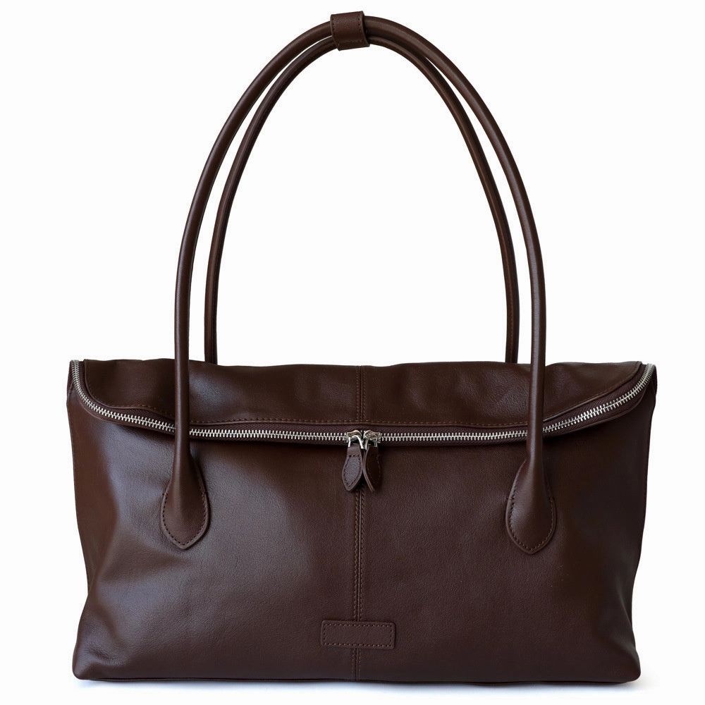 Classic Companion Stylish Practicality Lai | Brown Leather Zip Tote Bag ?C Sleek & Functional