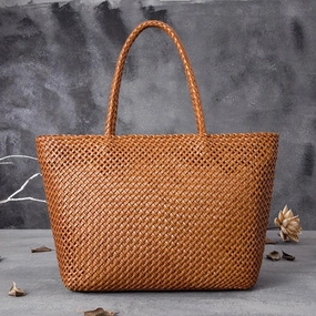 Functional Accessory Large Genuine Leather Tote Bag, Woven Leather Handbag, Handwoven Triple Jump Bamboo Style Ladies Hobo Beach Bag, Weekend Shopping Bag