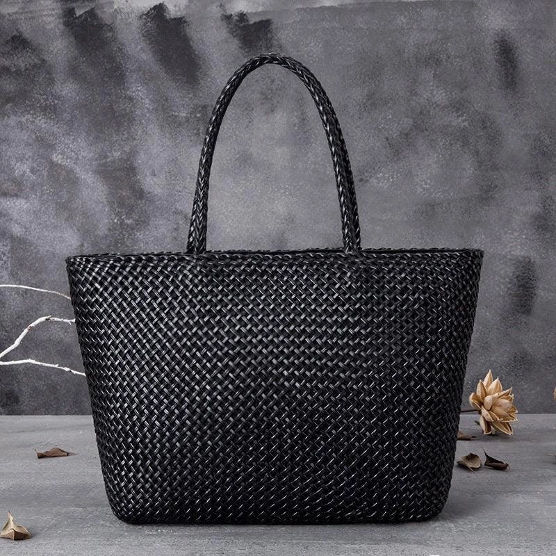 Large Genuine Leather Tote Bag, Woven Leather Handbag, Handwoven Triple Jump Bamboo Style Ladies Hobo Beach Bag, Weekend Shopping Bag Workday Essential