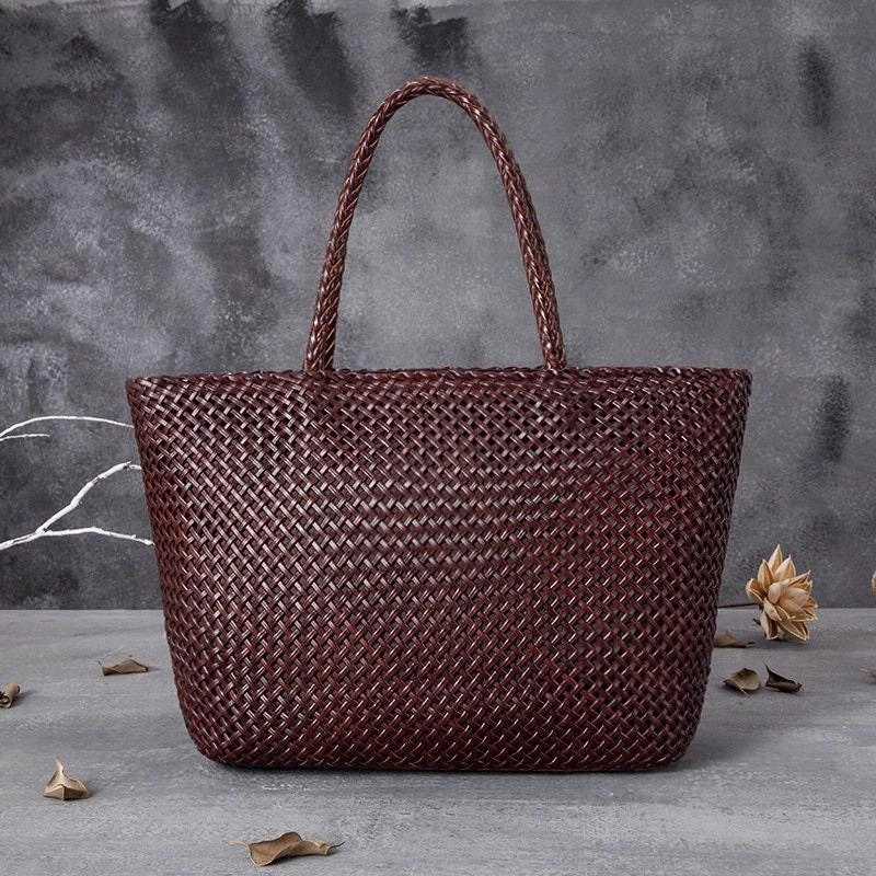Casual Utility Large Genuine Leather Tote Bag, Woven Leather Handbag, Handwoven Triple Jump Bamboo Style Ladies Hobo Beach Bag, Weekend Shopping Bag