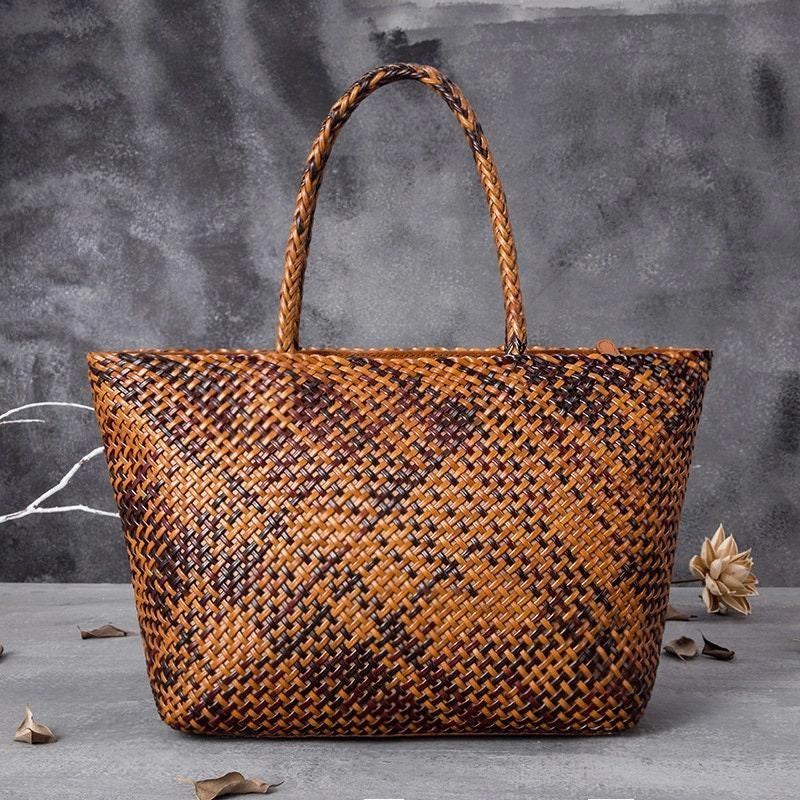 Urban Travel Fashion Simplicity Large Genuine Leather Tote Bag, Woven Leather Handbag, Handwoven Triple Jump Bamboo Style Ladies Hobo Beach Bag, Weekend Shopping Bag