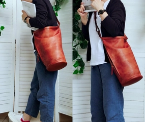 Large Handcrafted Bucket Bag, Leather Shoulder Bag Gift, Women Leather Casual Bag, Men Leather Bag, Brown/Black Retro Leather Bag Smart Utility