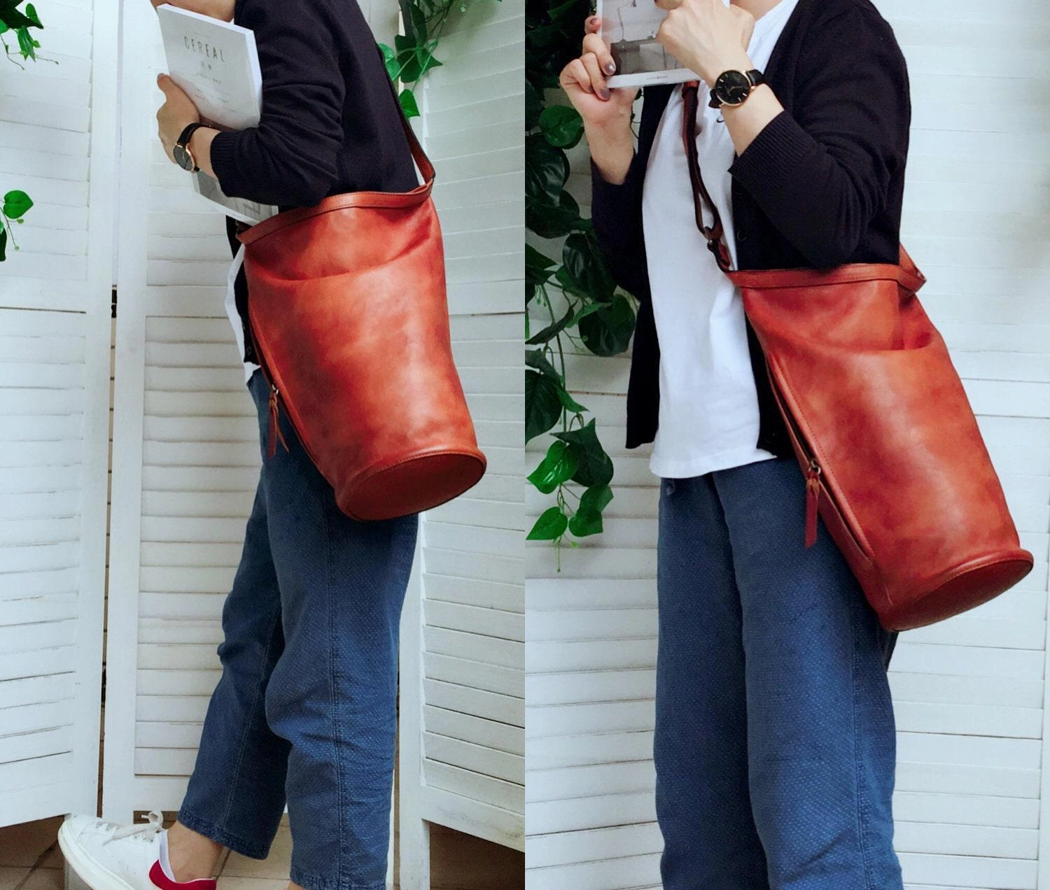 Large Handcrafted Bucket Bag, Leather Shoulder Bag Gift, Women Leather Casual Bag, Men Leather Bag, Brown/Black Retro Leather Bag Smart Utility