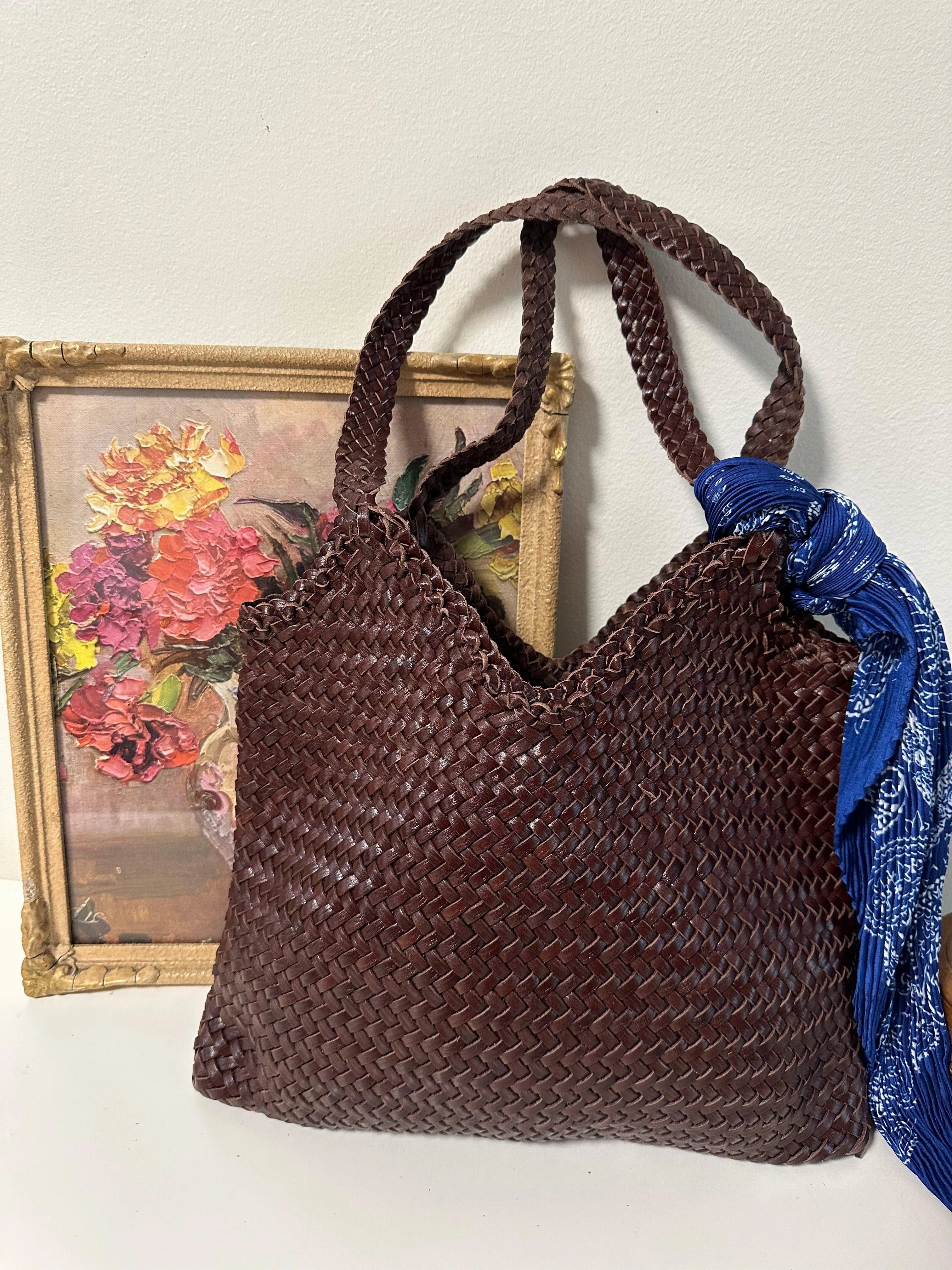 Fashion Accessory Large Italy Leather interwoven Hobo Tote Bag, Full Grain Leather Triple Bamboo Bag, Summer Beach Bag, Handcrafted Designer Basket Bag