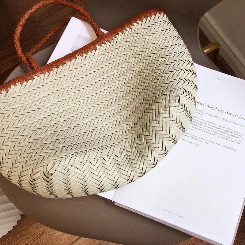 Leather Handbag Genuine Leather Bag Woven Leather Handbag | Hand Woven Triple Jump Bamboo Style Ladies Hobo Holiday Bag, Weekend Basket Bag Compact Organizer