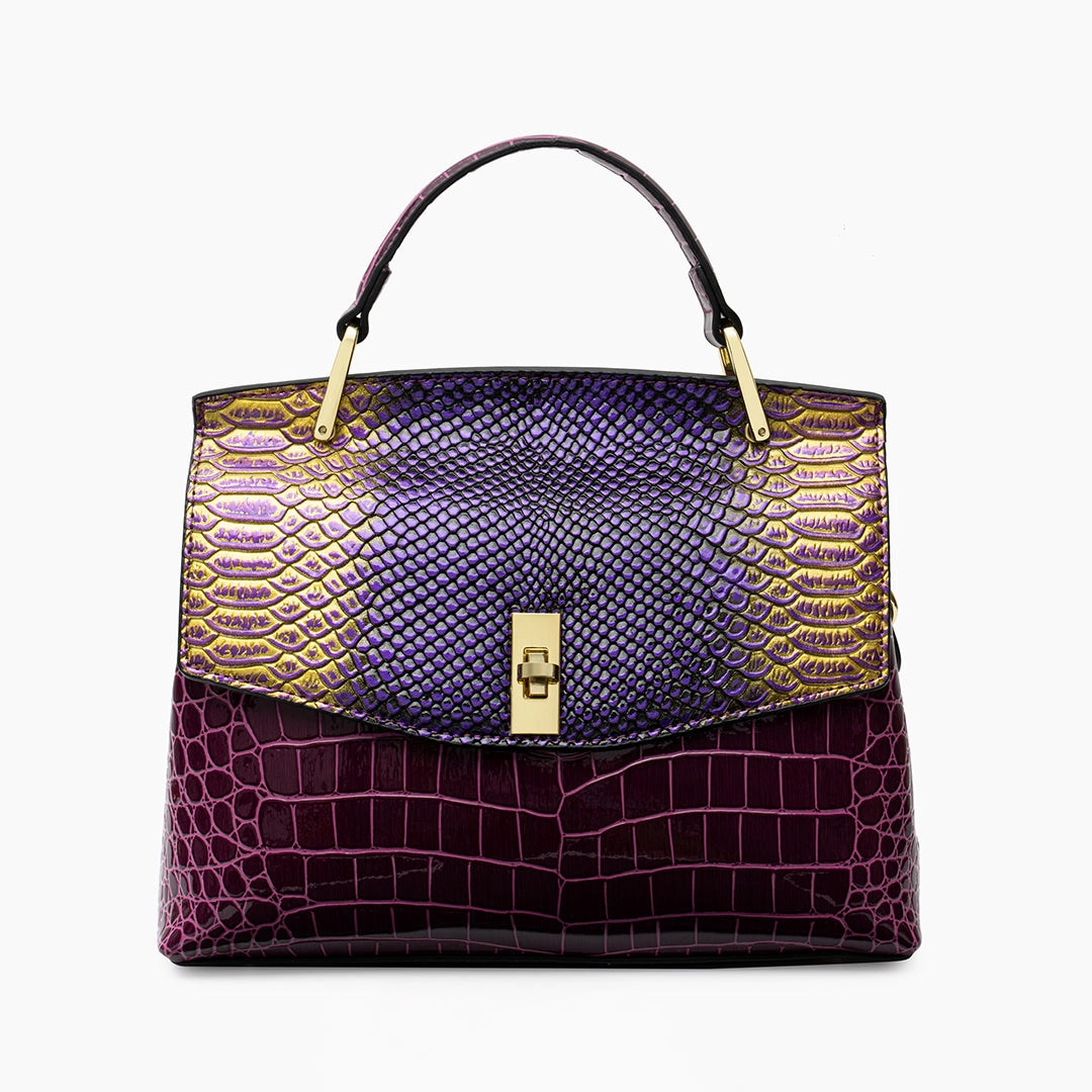 Trendy Utility Lilly Iridescent Python & Croc-Embossed Top Handle Bag ?C Luxury Statement Satchel for Women