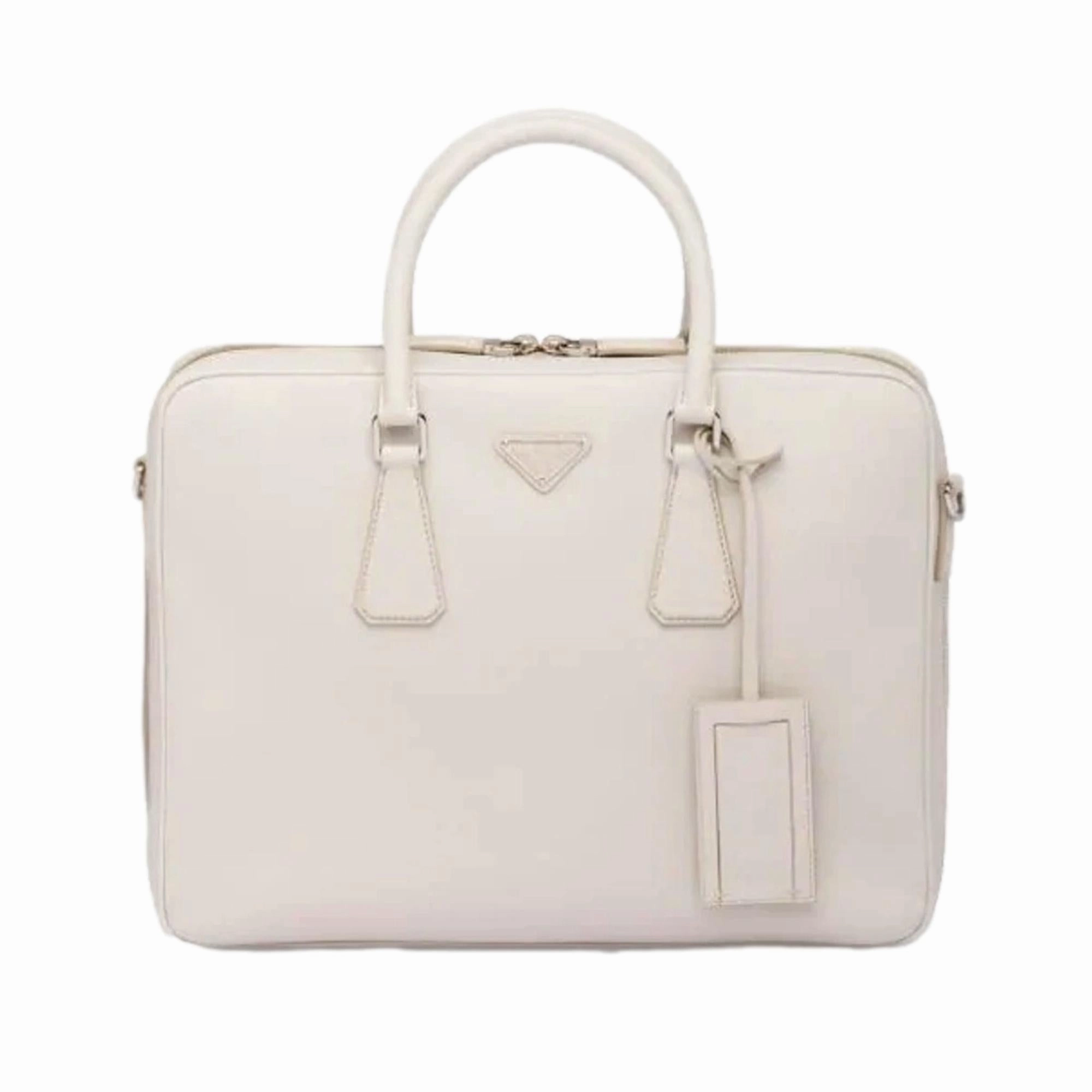Prada Saffiano Ivory Leather Satchel Weekender Travel Tote Bag Crossbody Modern Everyday Outfit Outdoor Comfort