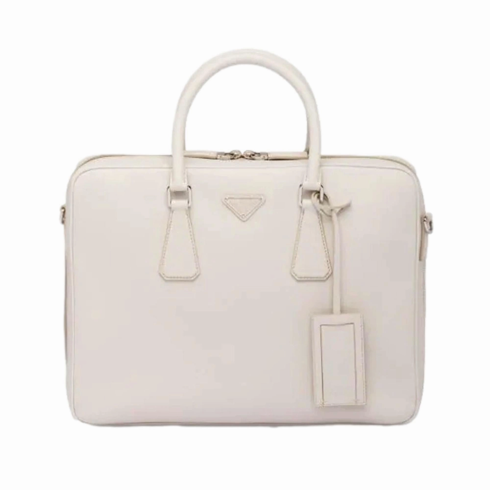 Large Handle Travel Function Prada Saffiano Ivory Leather Satchel Weekender Travel Tote Bag Crossbody