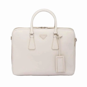 Prada Saffiano Ivory Leather Satchel Weekender Travel Tote Bag Crossbody Modern Everyday Outfit Outdoor Comfort