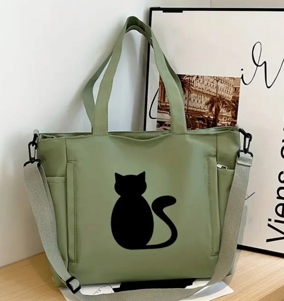 Purse with Shoulder Strap Lots of Pockets & Zippers & Adorable Cat - Nylon Stylish Function