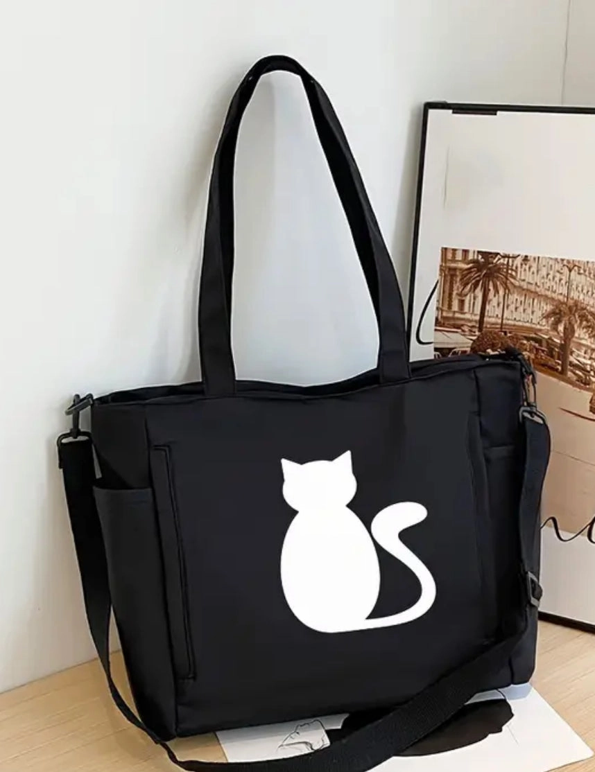Purse with Shoulder Strap Lots of Pockets & Zippers & Adorable Cat - Nylon Portable Companion