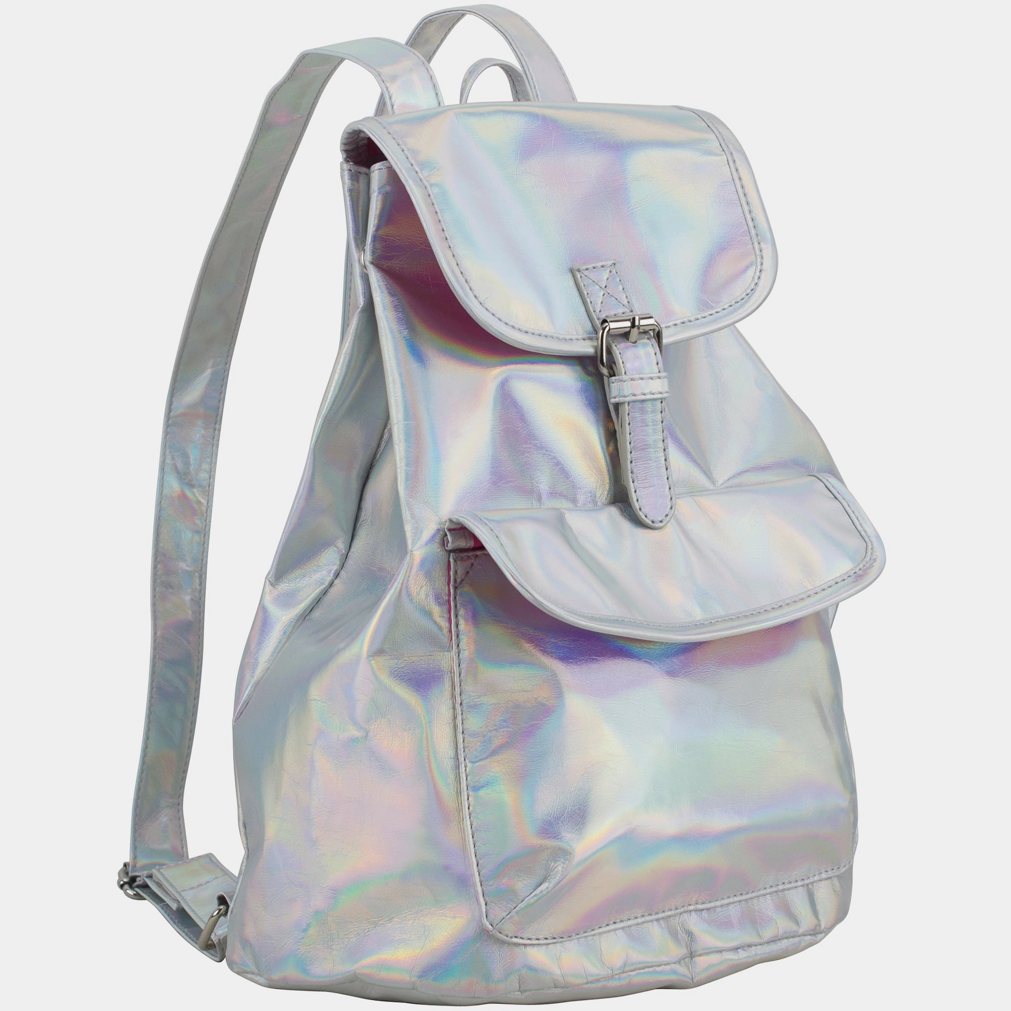 BJX Iridescent Silver Holographic Flap Backpack Functional Design