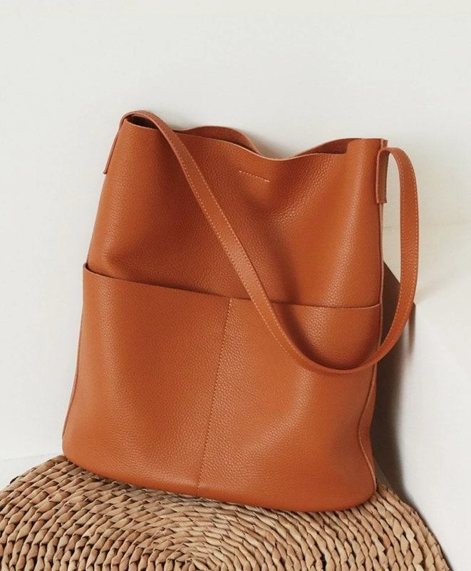 Flexible Organizer Oak Cowhide Leather Tote Bag ?? Women Handcrafted Soft Leather Bucket Bag ?? Minimalist Tote, Two Front Pockets Bag??Cloud Oslo Laptop Bag