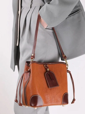 Women's Full-Grain Leather Bucket Bag | Handcrafted Top-Handle Drawstring Shoulder Tote Functional Everyday