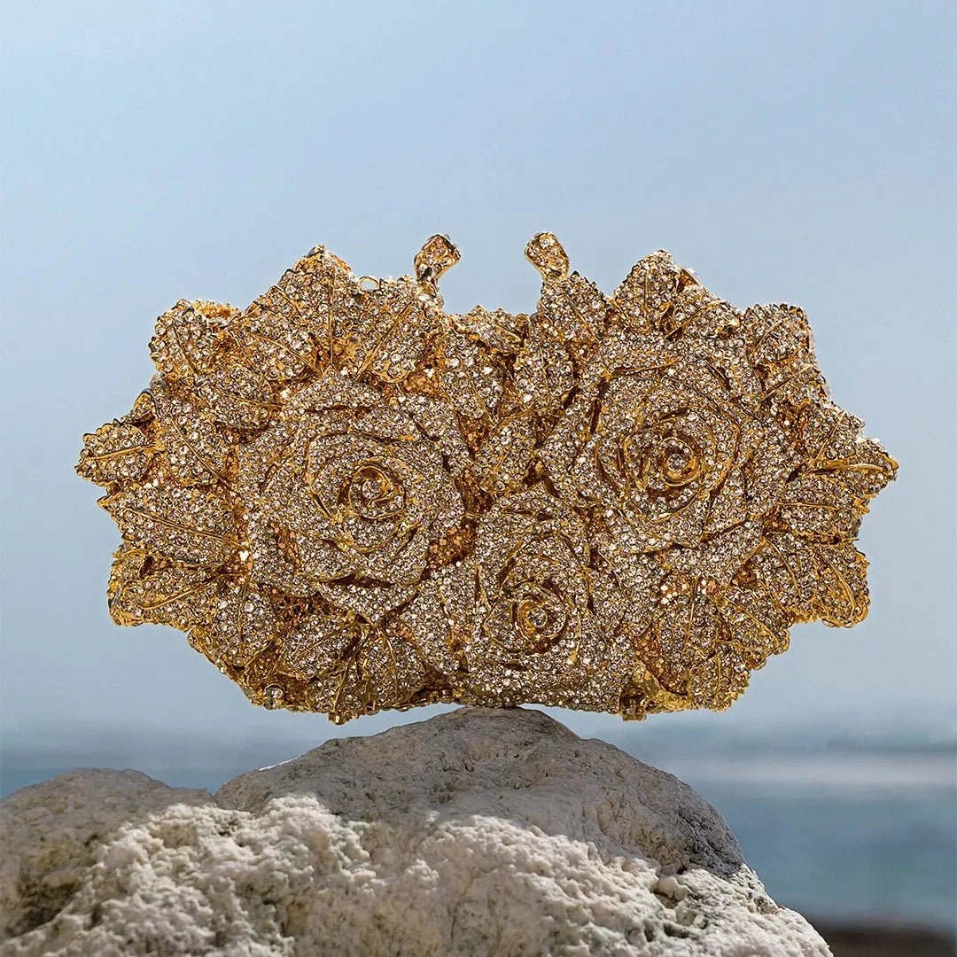 Lioris | Gold Rose Crystal Evening Clutch ?C Luxurious Bloom Elegant Quality Elegant Vision