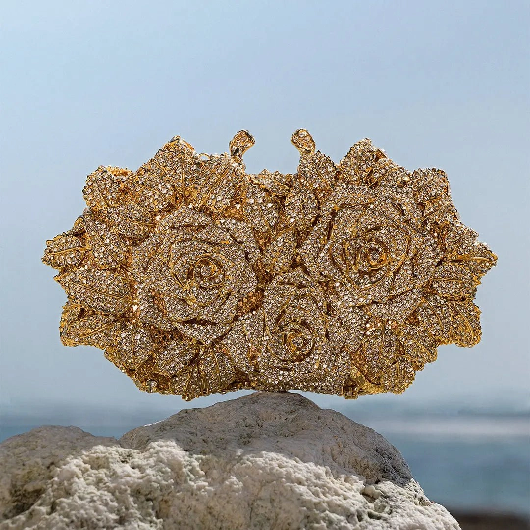 Lioris | Gold Rose Crystal Evening Clutch ?C Luxurious Bloom Stylish Function