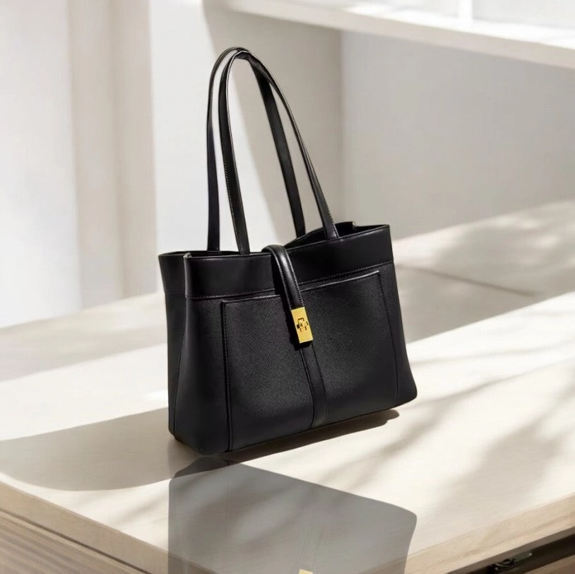 Stylish Travel Livia | Elegant Black Leather Tote Bag for Women ?C Large Shoulder Bag with Gold Lock