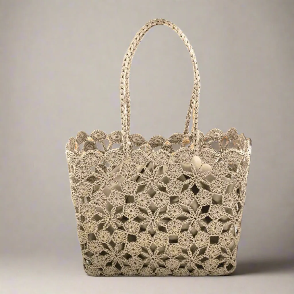 Luxury Brand Liz Khaki Mediterranean Crochet Tote BC Bag
