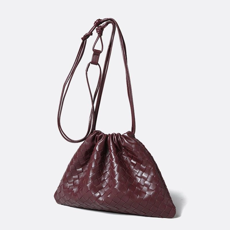 Fashion Simplicity Luxurious Handwoven Lambskin Drawstring Shoulder Bag - Genuine Leather Shoulder Bucket Bag for Women