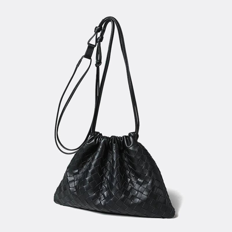 Luxurious Handwoven Lambskin Drawstring Shoulder Bag - Genuine Leather Shoulder Bucket Bag for Women Travel Organizer Practical Storage