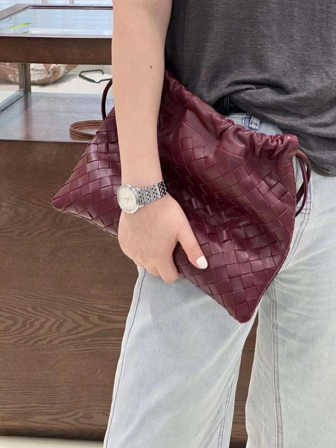 Luxurious Handwoven Lambskin Drawstring Shoulder Bag - Genuine Leather Shoulder Bucket Bag for Women Outdoor Ready Daily Storage