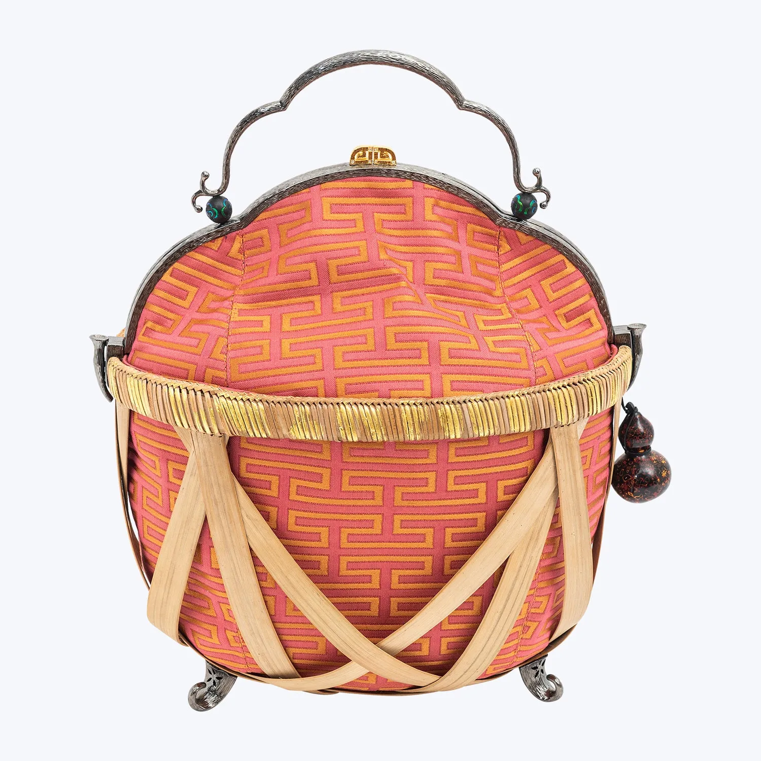 Fashion Texture Weekend Escape Bamboo Basket Handbag with Scarab, Diamond and Gourd
