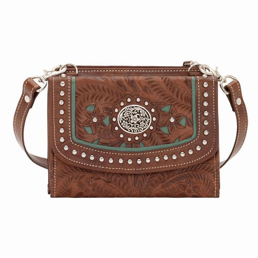 American West Handbag Lady Lace Collection: Leather Western Crossbody Wallet Everyday Reliability