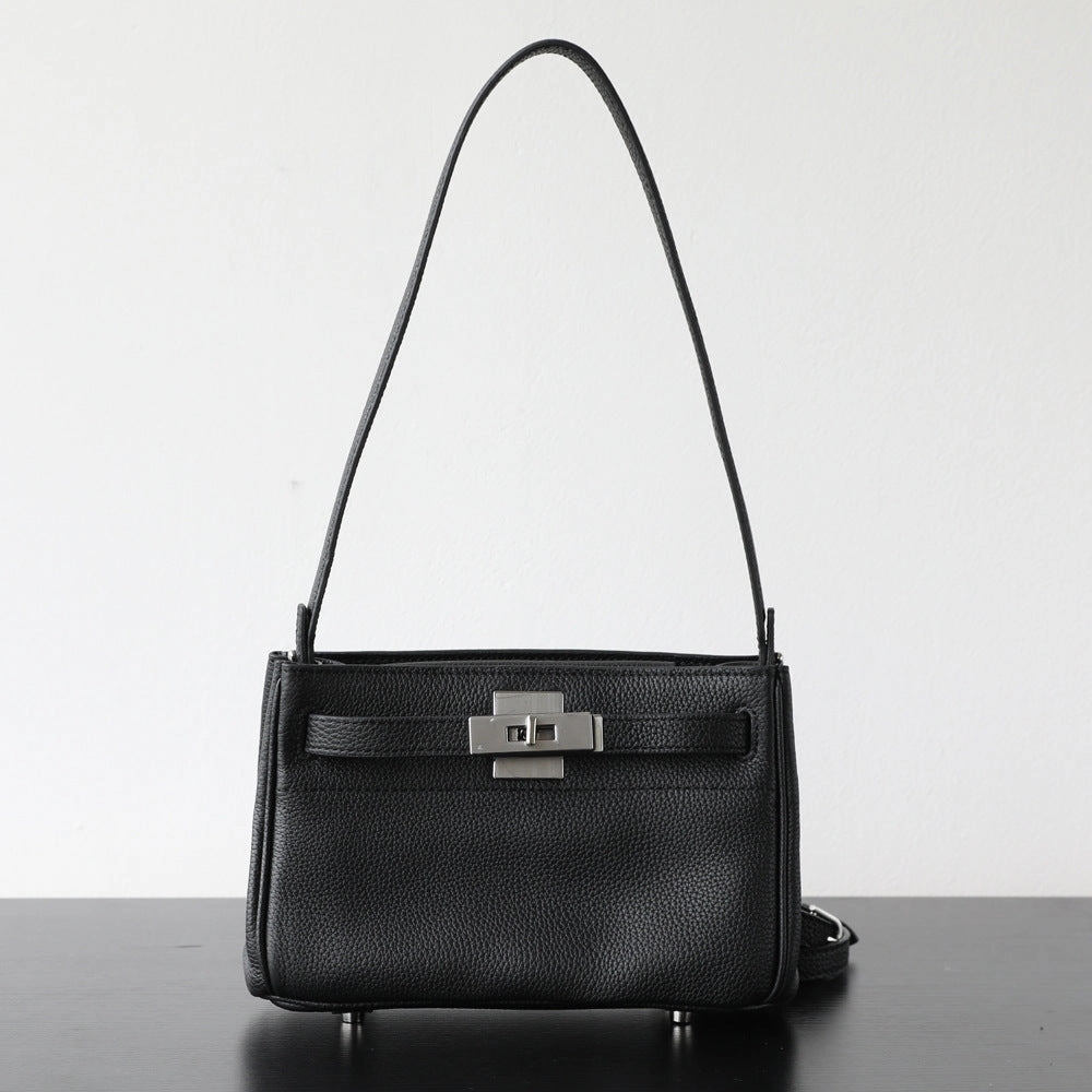 Minimalist Style Luxury Black Leather Tote Bag, Handmade Togo and Lambskin Leather Shoulder Bag and Crossbody Square Bag