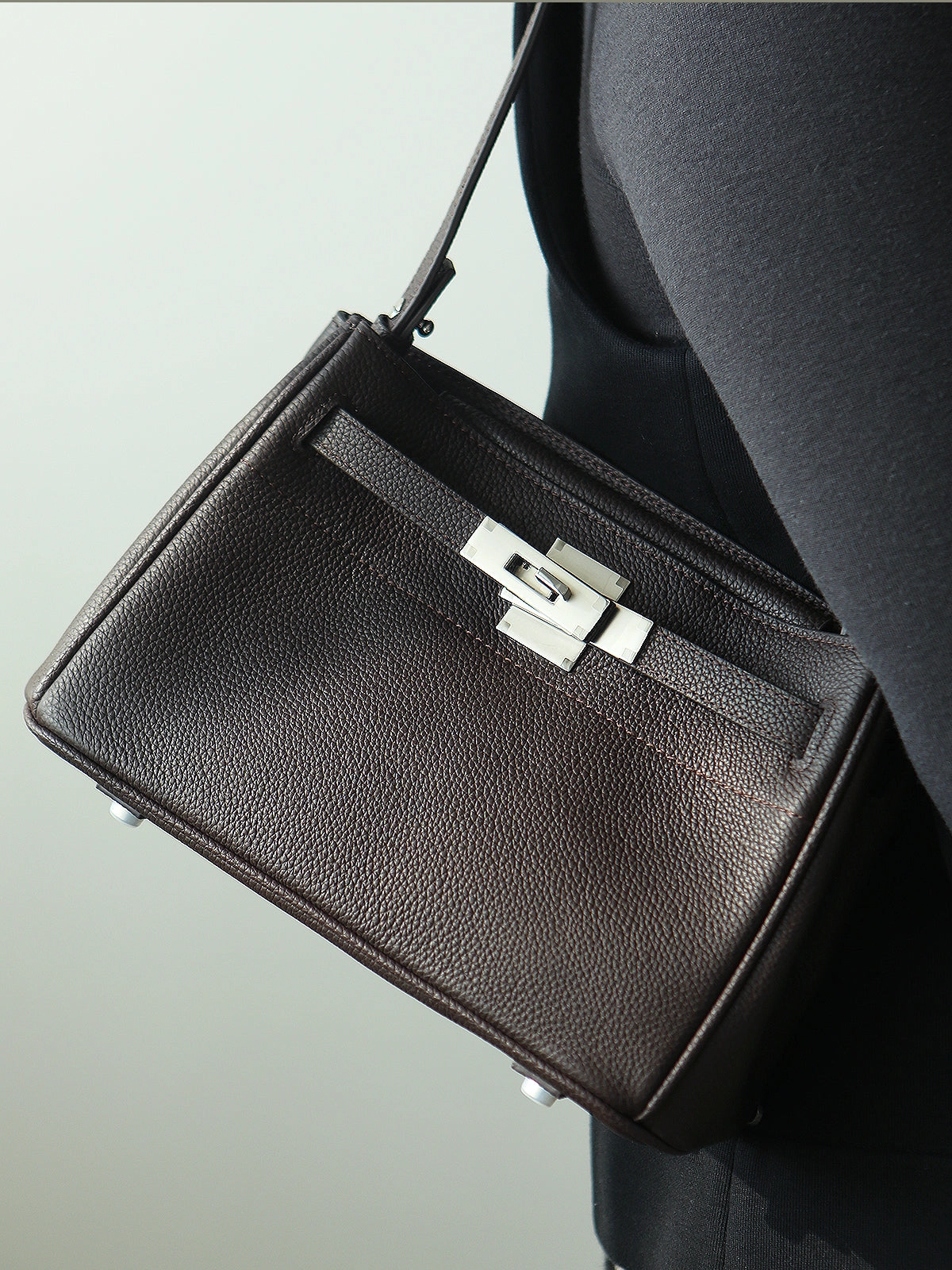 Simple Travel Luxury Black Leather Tote Bag, Handmade Togo and Lambskin Leather Shoulder Bag and Crossbody Square Bag