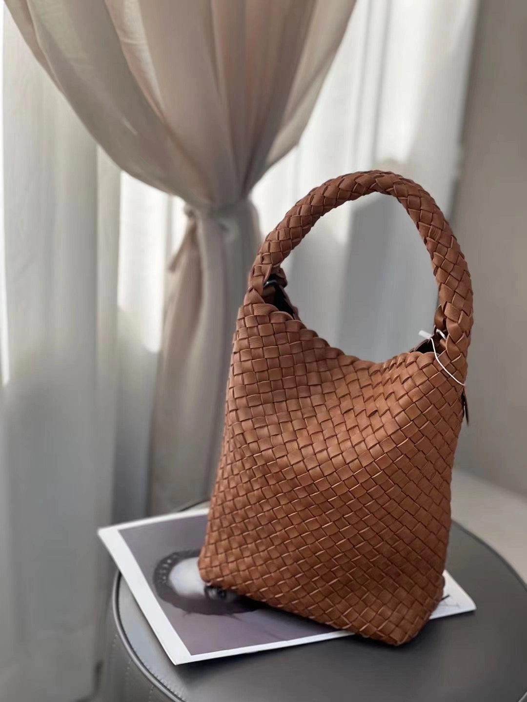 Classic Shape Luxury Handwoven Lambskin Leather Shoulder Bucket Bag | Double-Knotted Handcrafted Crossbody Bag