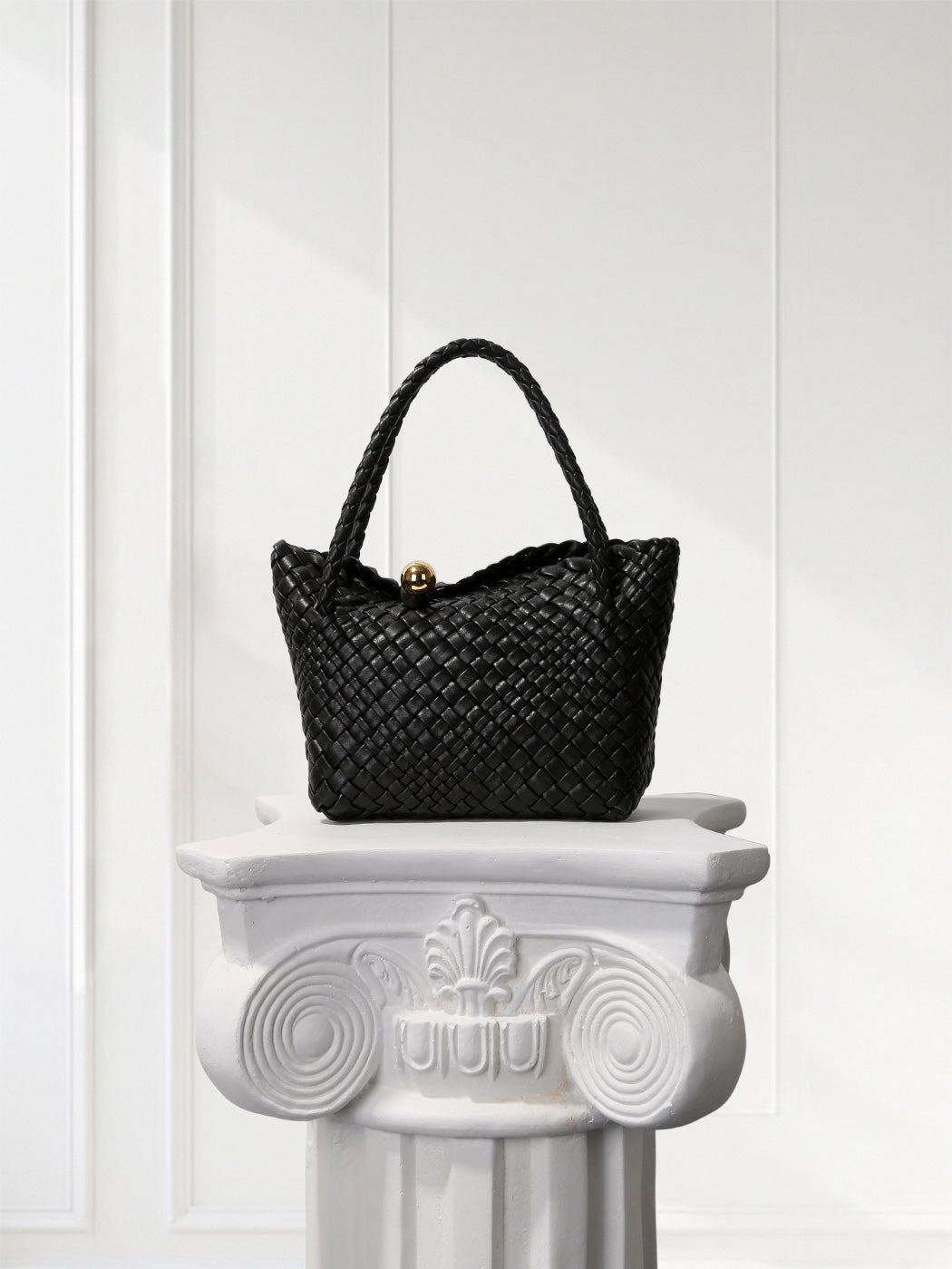 Compact Versatility Practical Choice Luxury Handwoven Lambskin Leather Shoulder Bucket Bag with Sculptural Gold Sphere Closure and Double Handle Design ?C Spacious & Versatile Carryall