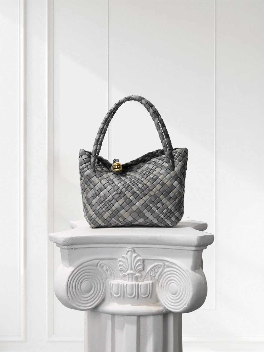 Luxury Handwoven Lambskin Leather Shoulder Bucket Bag with Sculptural Gold Sphere Closure and Double Handle Design ?C Spacious & Versatile Carryall City Adventure Utility Focus