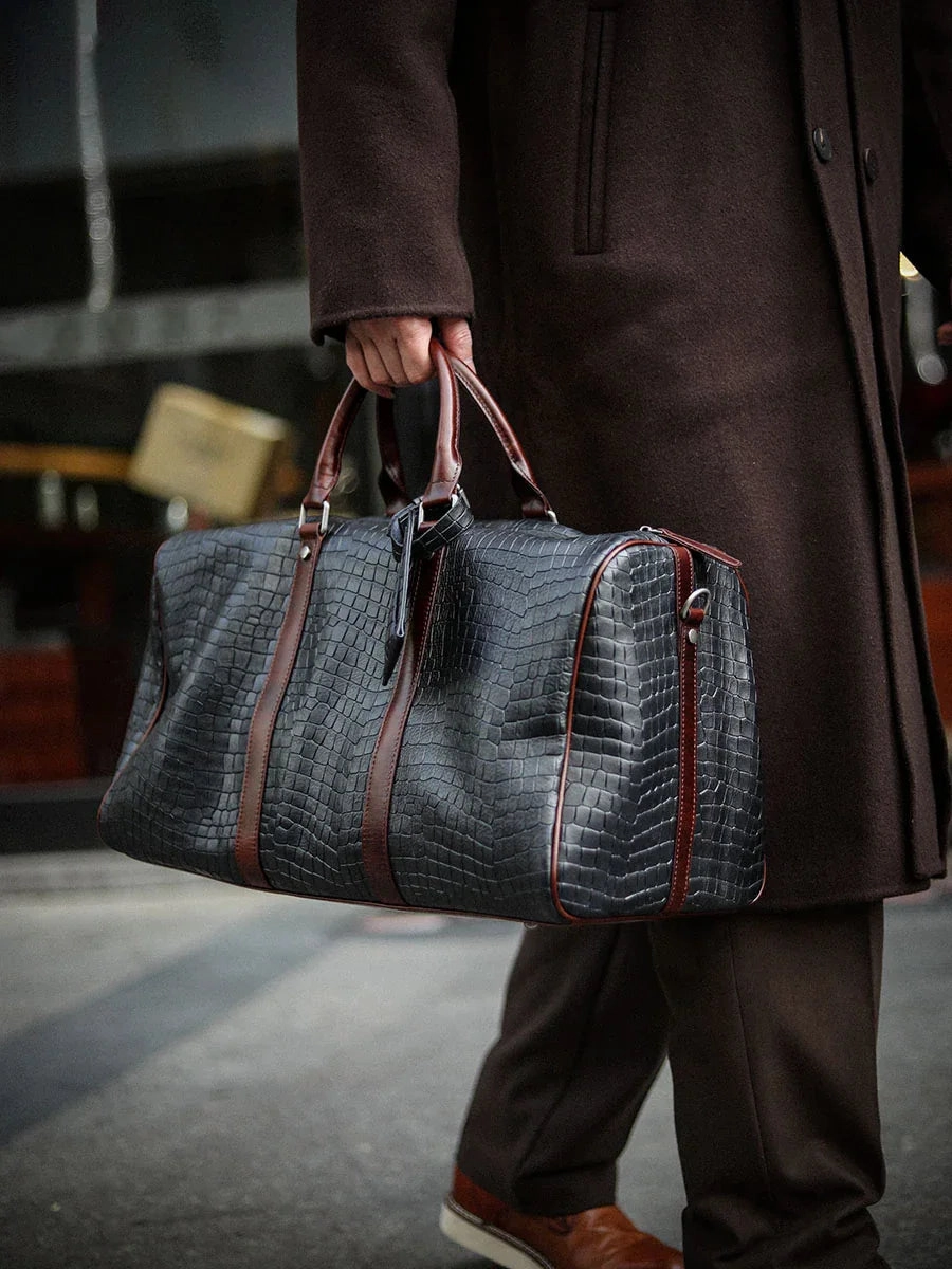 Luxury Men??s Italian Full Grain Leather Duffle Bag, Handmade Premium Crocodile Pattern Weekender Bag for Travel & Business Quality craftsmanship