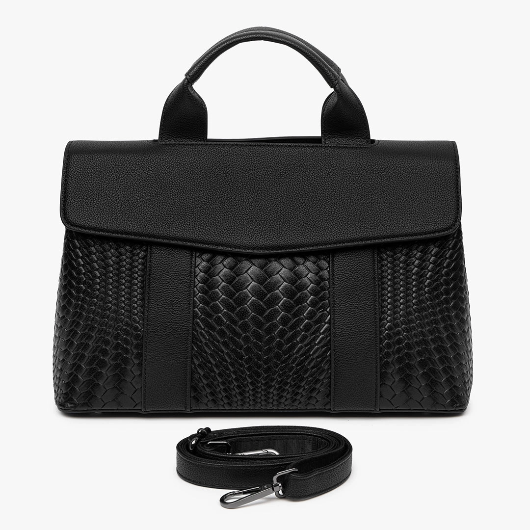 Portable Organizer Lyla Luxury Black Woven Leather Tote Bag for Women