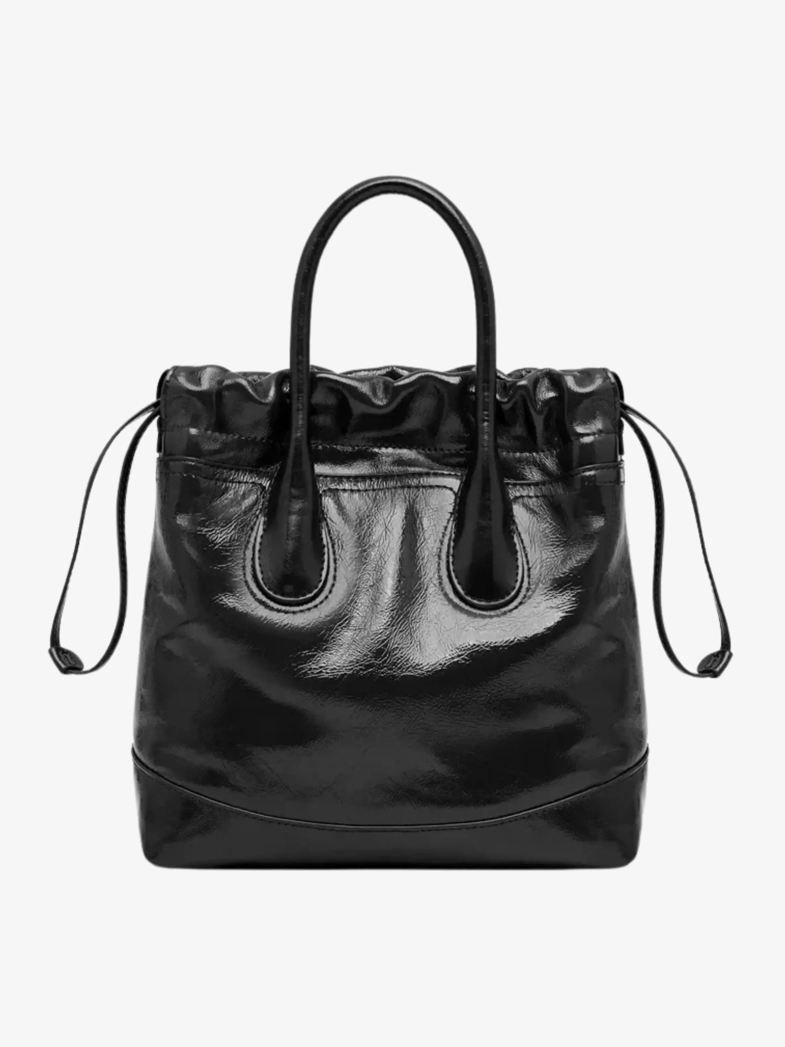 Maelora | Glossy Black Leather Drawstring Bag ?C Chic & Modern Elegant Lifestyle Workwear Style