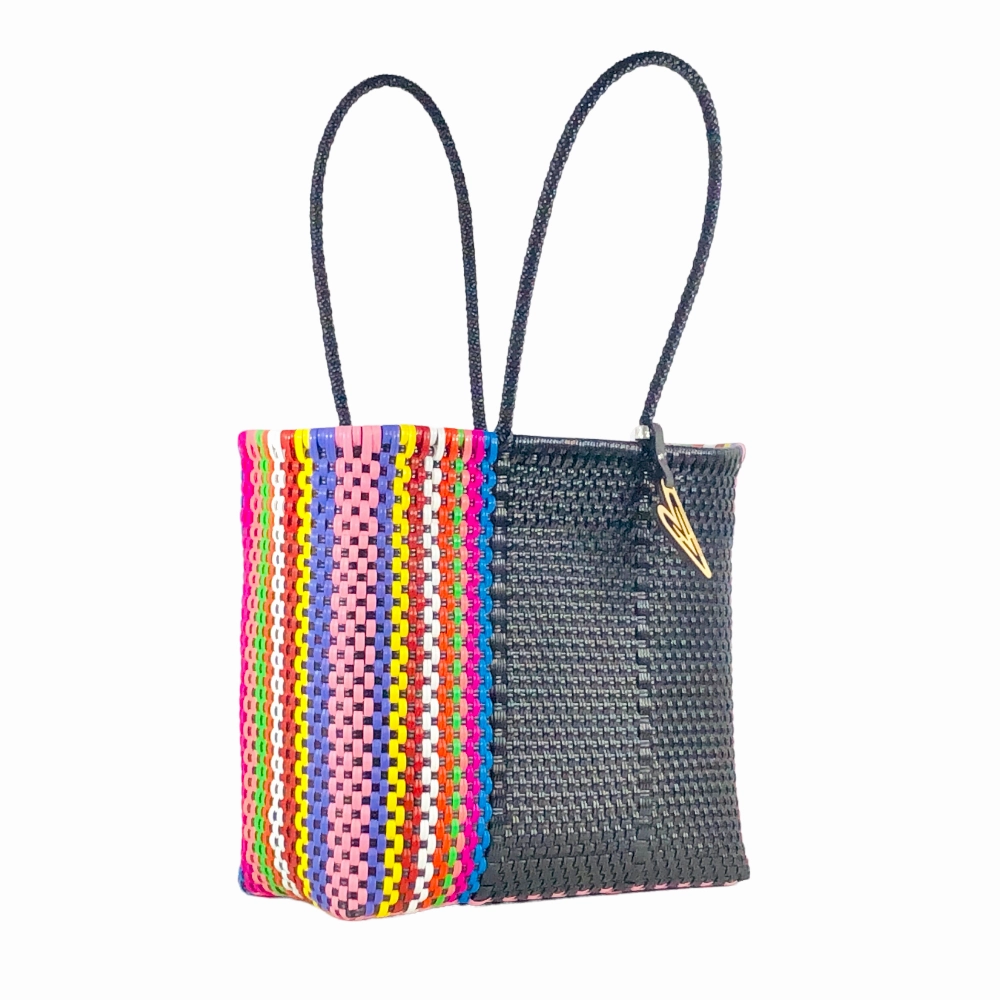 Maria Victoria | Flamingo V2 Totes | Upcycled, Handwoven, Black&Multicolor Tote Outdoor Picnic Eco Option