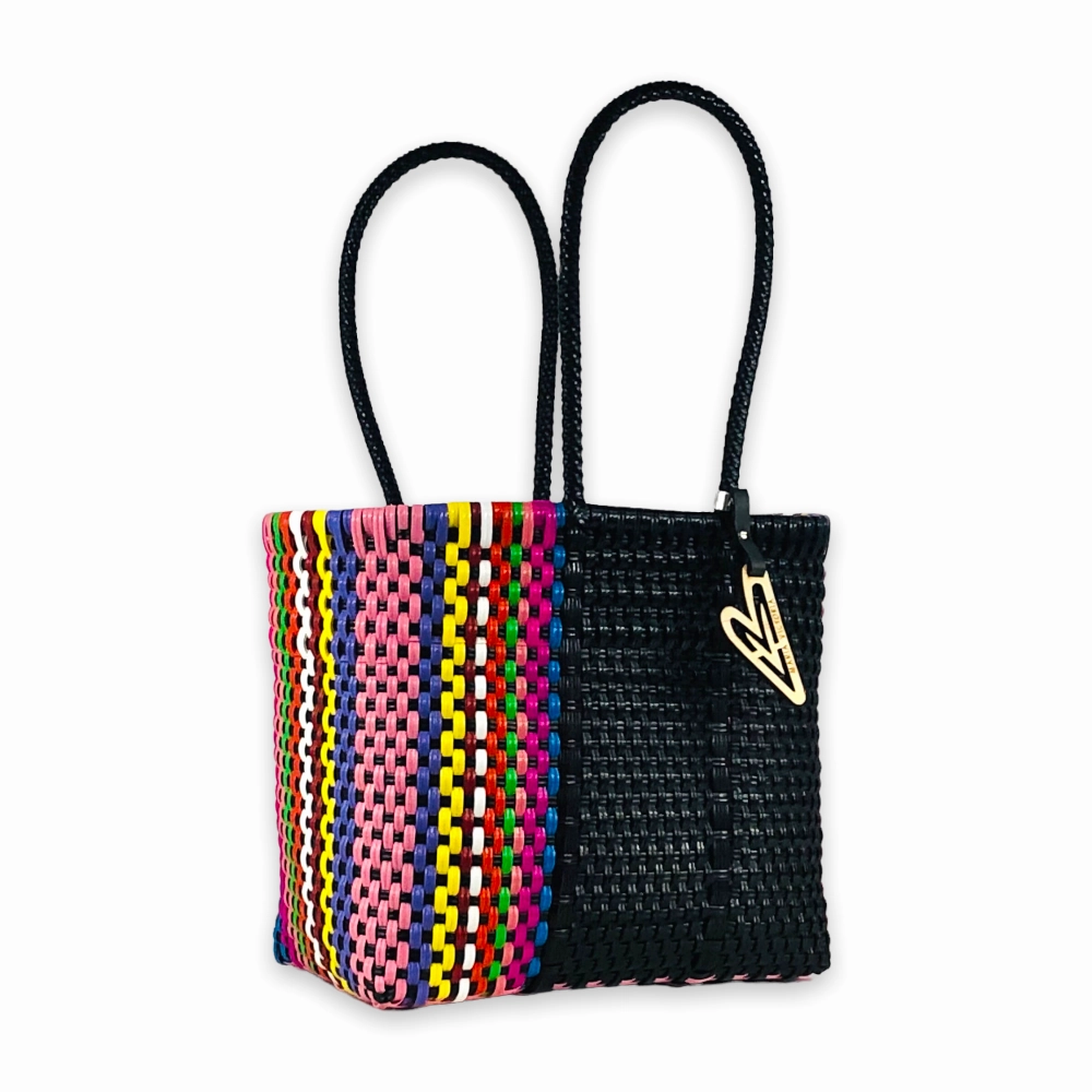 Urban Travel Beach Day Maria Victoria | Flamingo V2 Totes | Upcycled, Handwoven, Black&Multicolor Tote