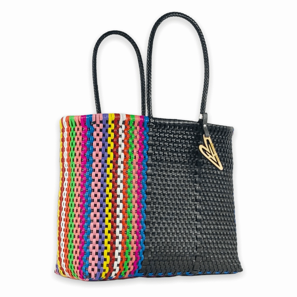 Maria Victoria | Flamingo V2 Totes | Upcycled, Handwoven, Black&Multicolor Tote Utility Bag