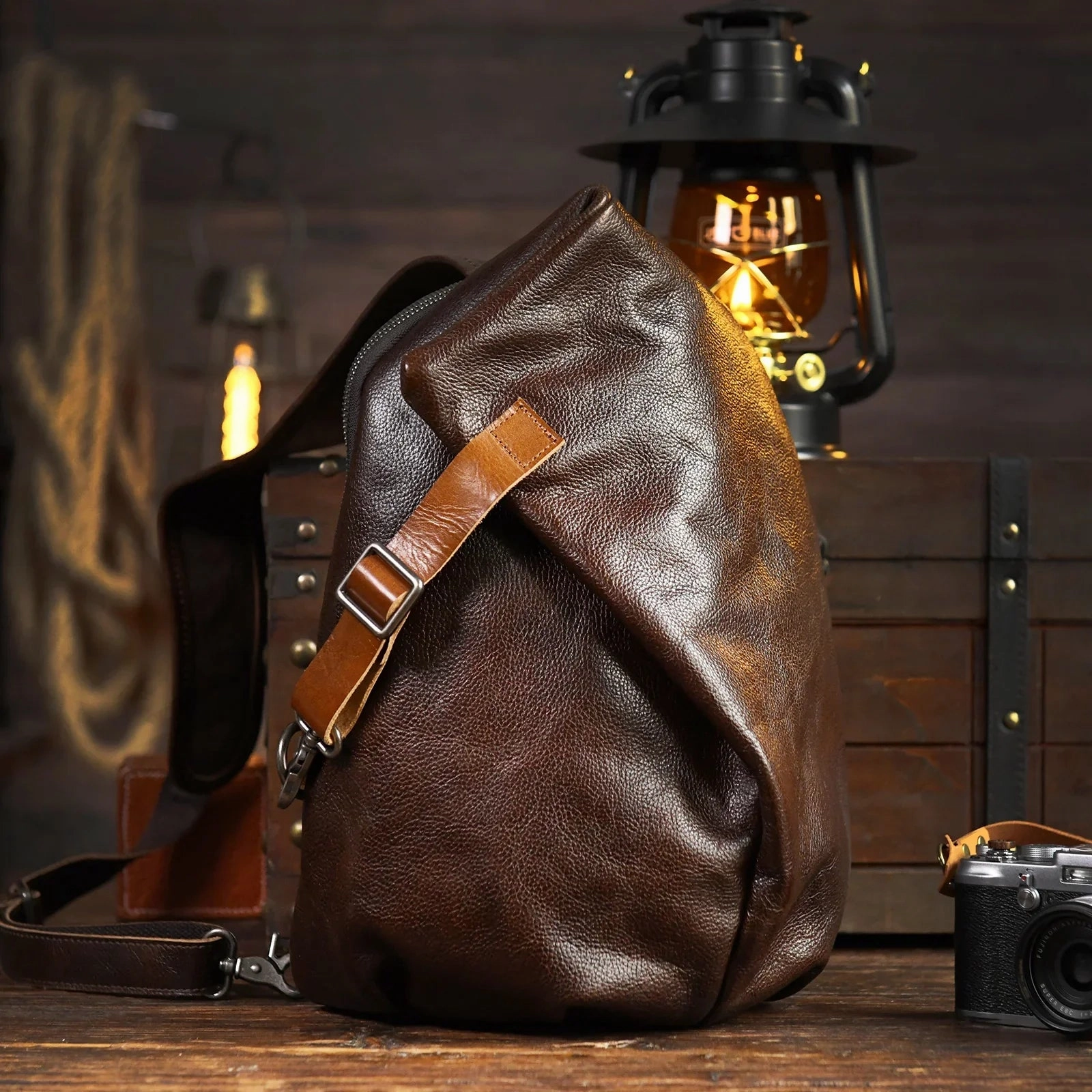 Men's Vintage Full-Grain Leather Sling Bag, Handmade Casual Large Crossbody Chest Pack, Convertible Backpack Comfort Gear