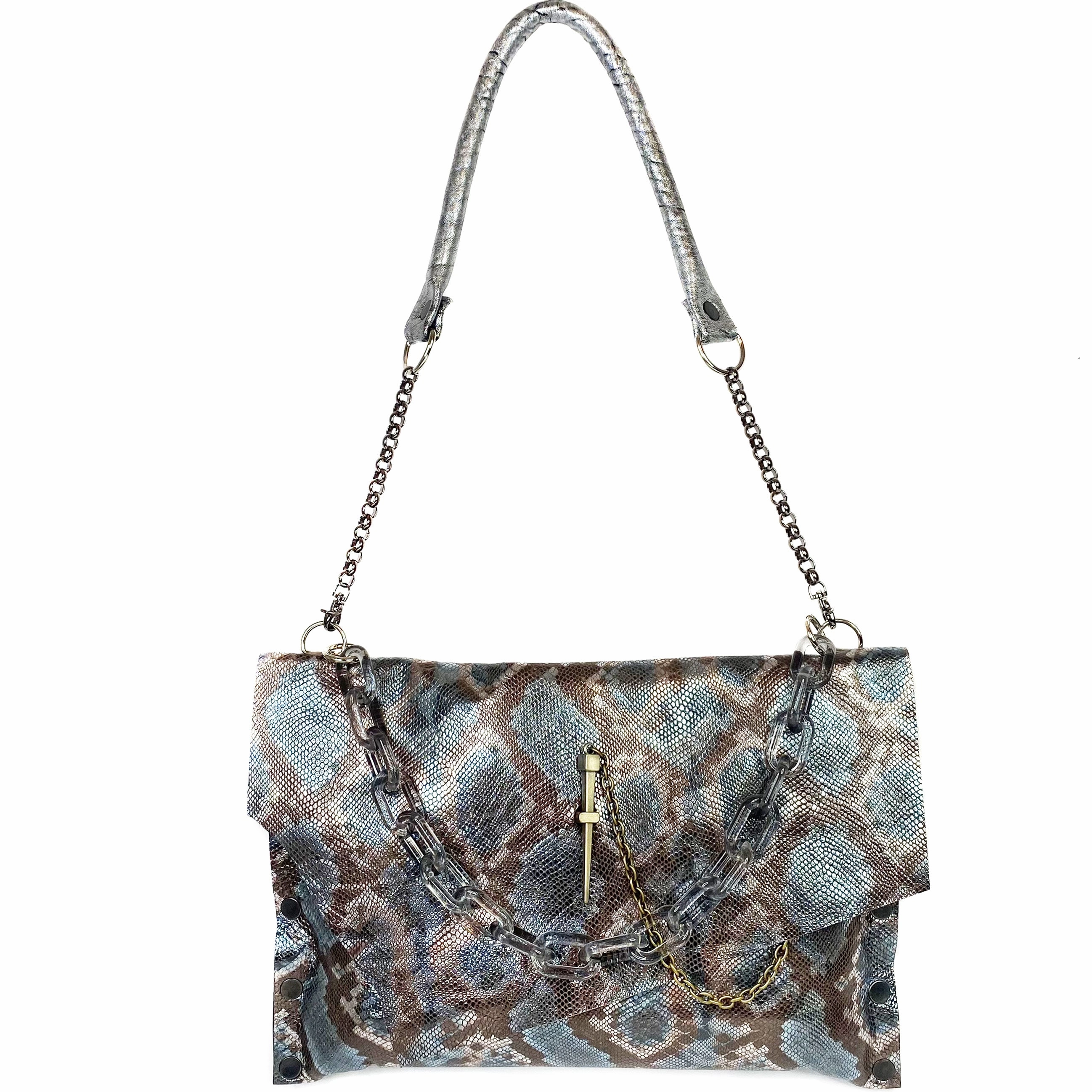 Metallic Denim Rattlesnakeprint Leather "Cindy" Crossbody bag Comfort Style Compact Storage
