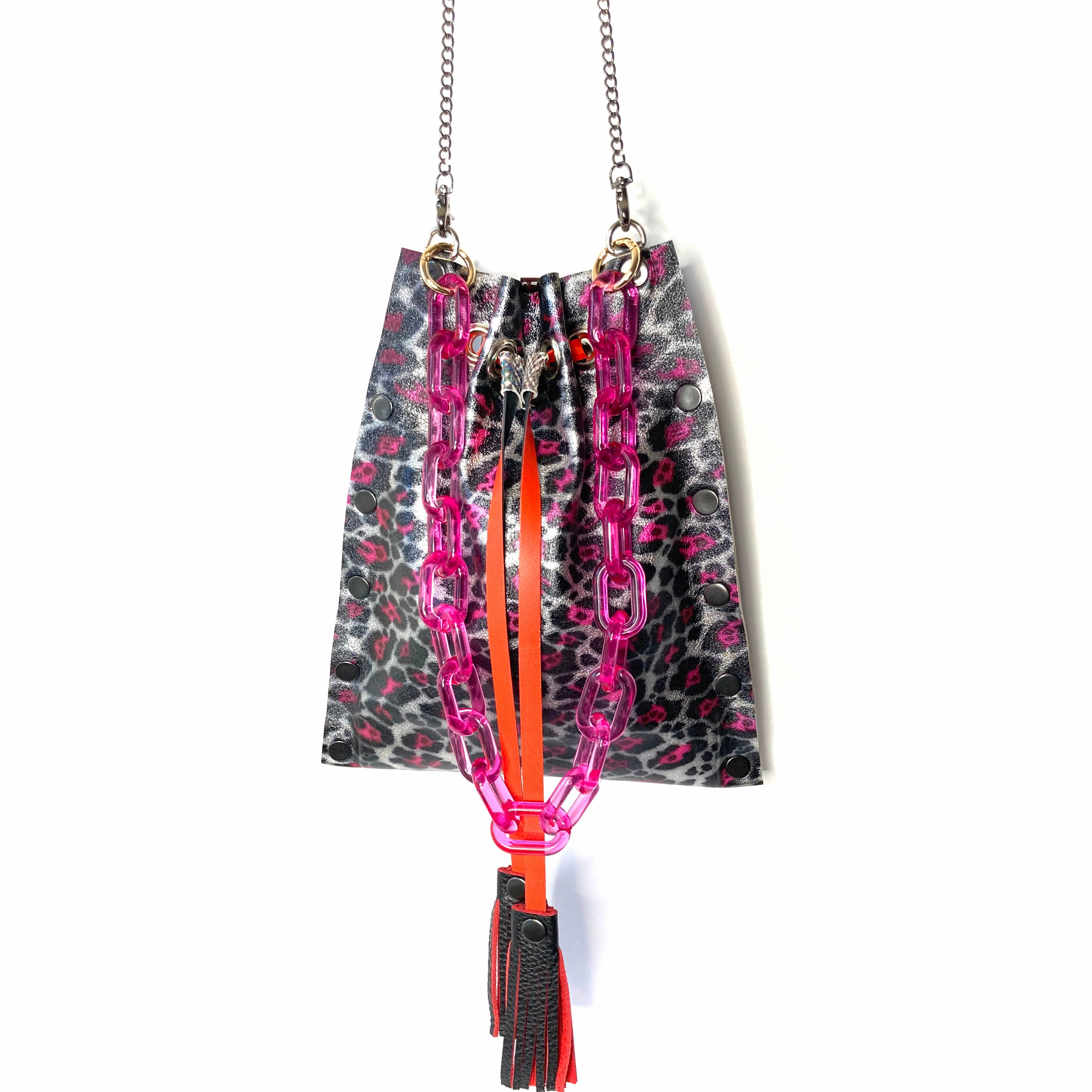 Timeless Design Metallic Pink Leopard Drawstring Crossbody Bag