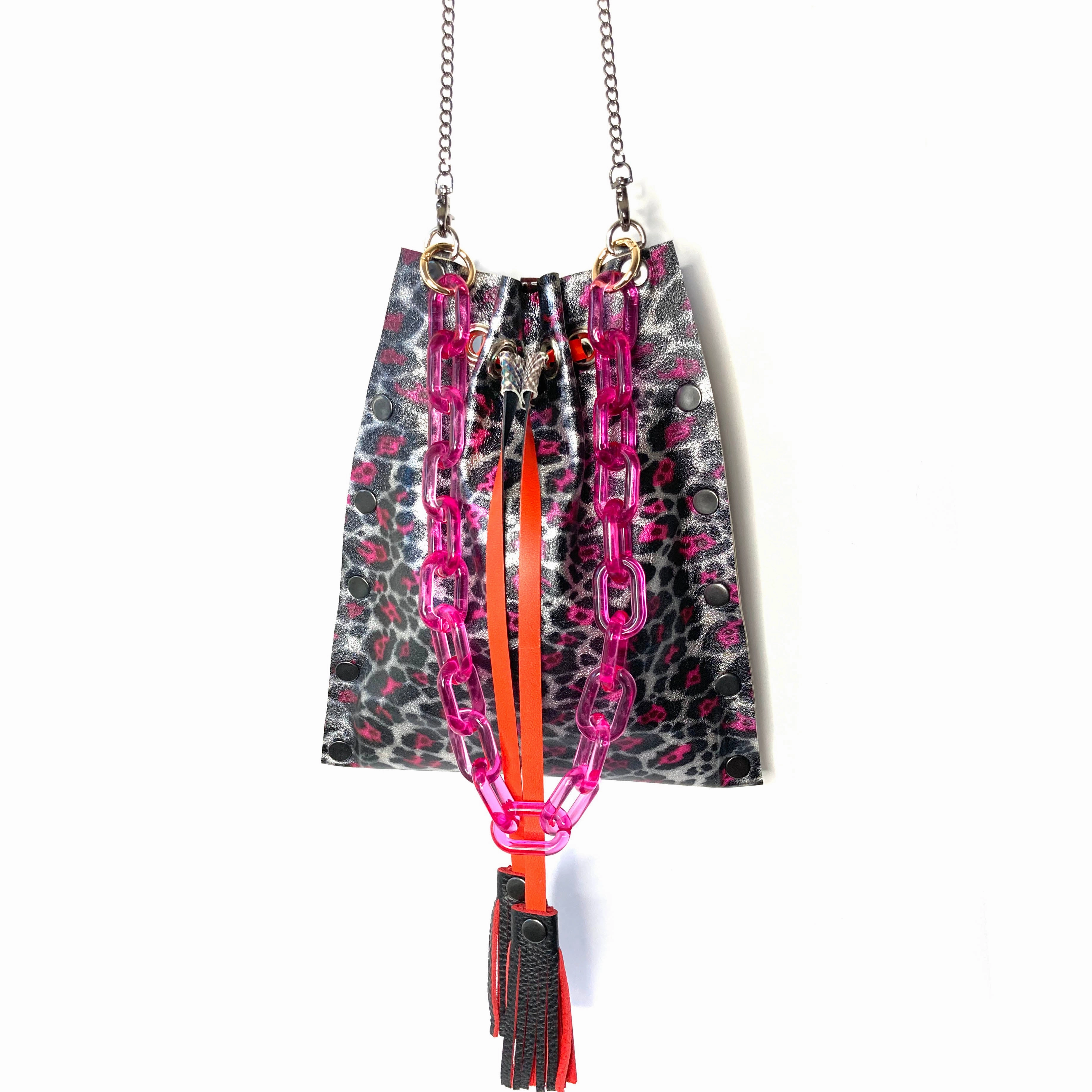 Metallic Pink Leopard Drawstring Crossbody Bag Minimal Fashion Flexible Storage
