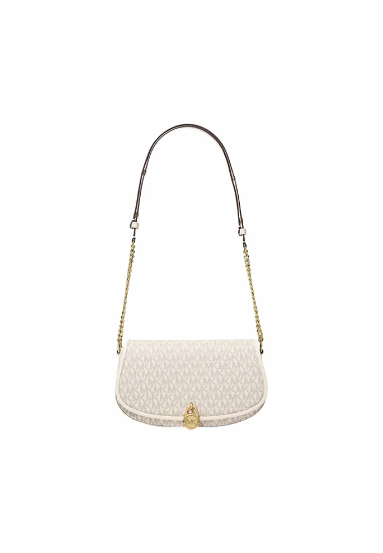 Michael Kors Mila Medium Messenger Bag Signature Logo In Light Cream Multi 35T5GIMM8B Light Movement